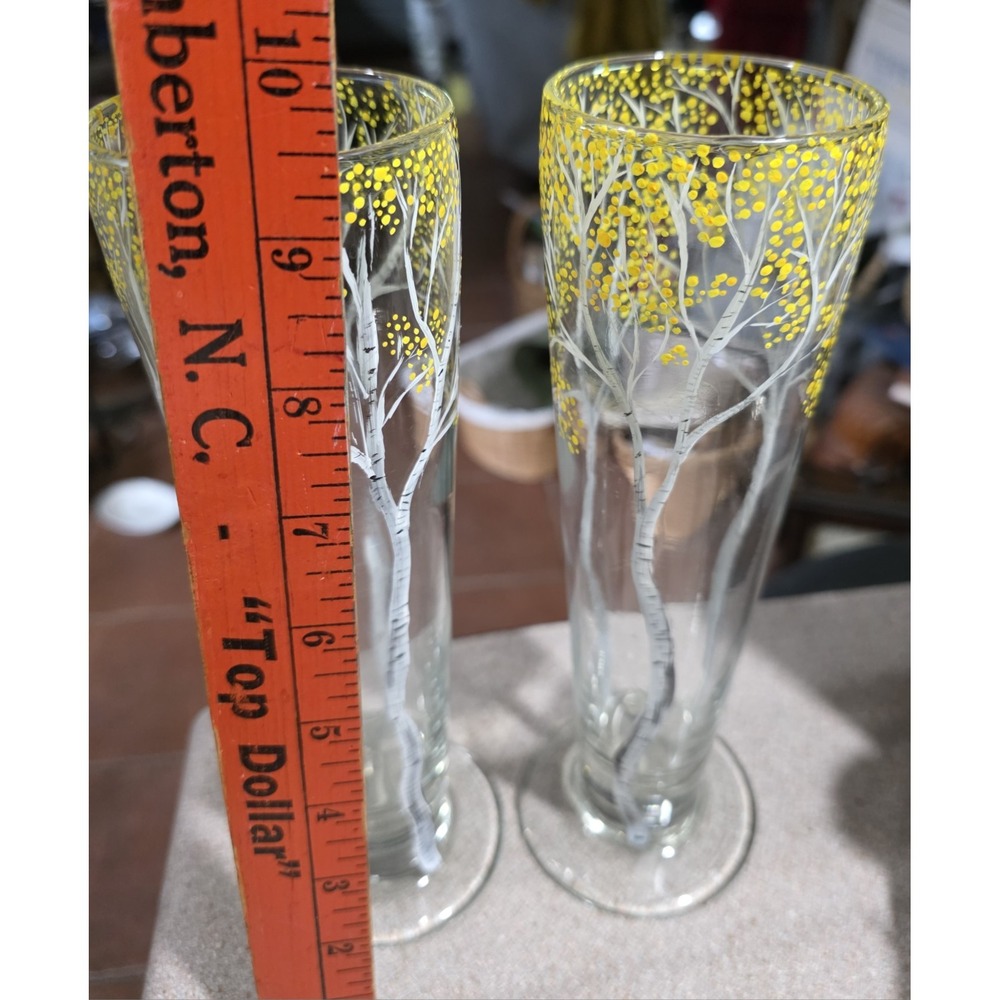 Hand-Painted Birch Tree Pilsner Glasses‎ Set of 2 Autumn Yellow Forest Design - Picture 6 of 7